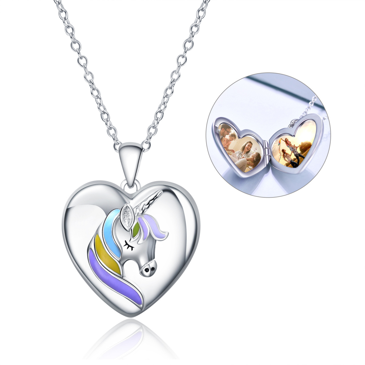 Sterling Silver Unicorn Heart Personalized Photo Locket Necklace with Engraved Word-1