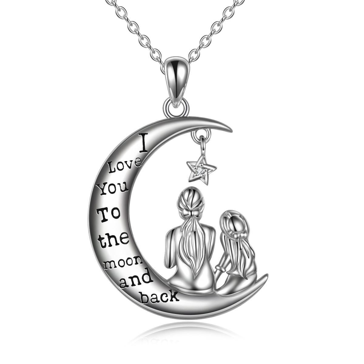 Sterling Silver Round Cubic Zirconia Mother & Daughter Moon Pendant Necklace with Engraved Word-1