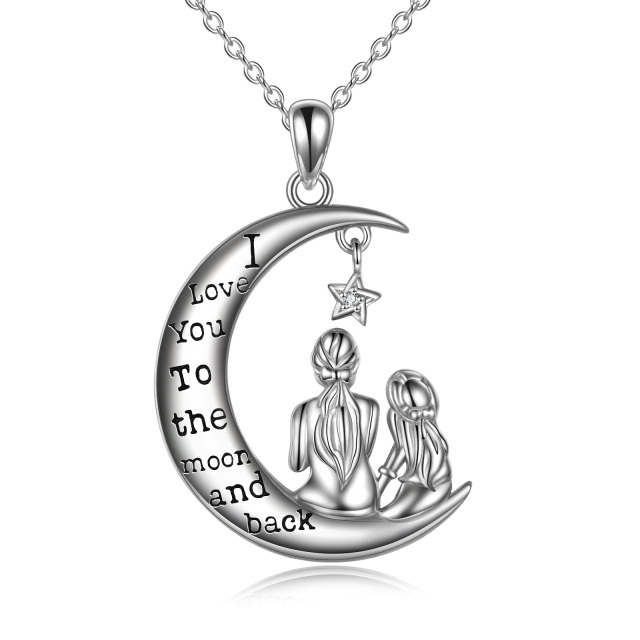 Sterling Silver Round Cubic Zirconia Mother & Daughter Moon Pendant Necklace with Engraved Word-3