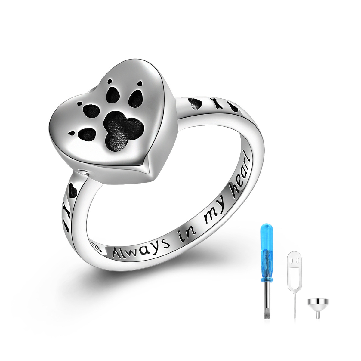 Sterling Silver Dog & Paw & Heart Urn Ring with Engraved Word-1