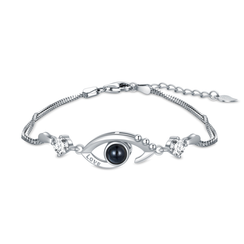 Sterling Silver Circular Shaped Cubic Zirconia & Projection Stone Devil's Eye Pendant Bracelet