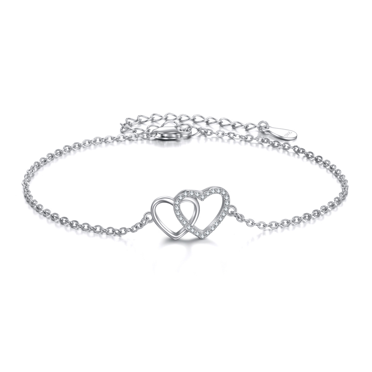 Sterling Silver Cubic Zirconia Heart With Heart Pendant Bracelet-1