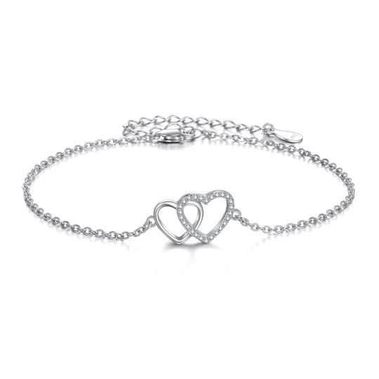 Sterling Silver Cubic Zirconia Heart With Heart Pendant Bracelet