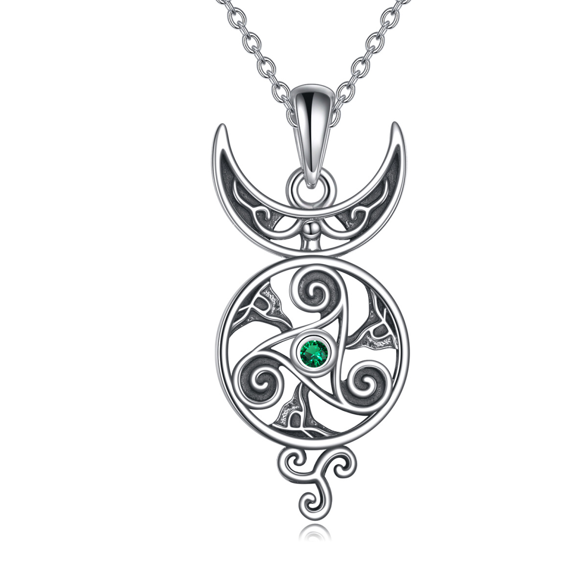 Sterling Silver Round Cubic Zirconia Celtic Knot & Moon Pendant Necklace-1