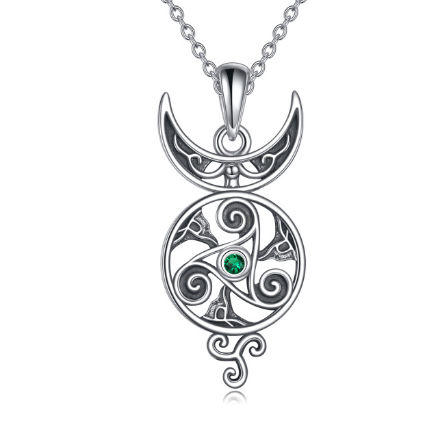 Sterling Silver Round Cubic Zirconia Celtic Knot & Moon Pendant Necklace-0