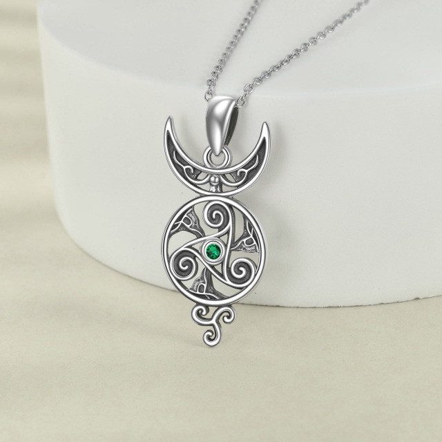 Sterling Silver Round Cubic Zirconia Celtic Knot & Moon Pendant Necklace-2