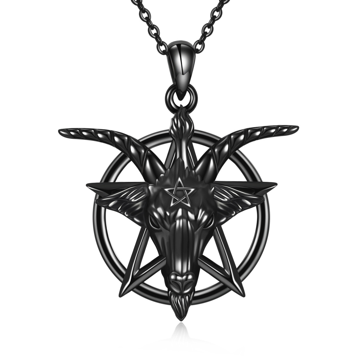 Sterling Silver with Black Rhodium Pentagram & Satanic Goat Pendant Necklace-1