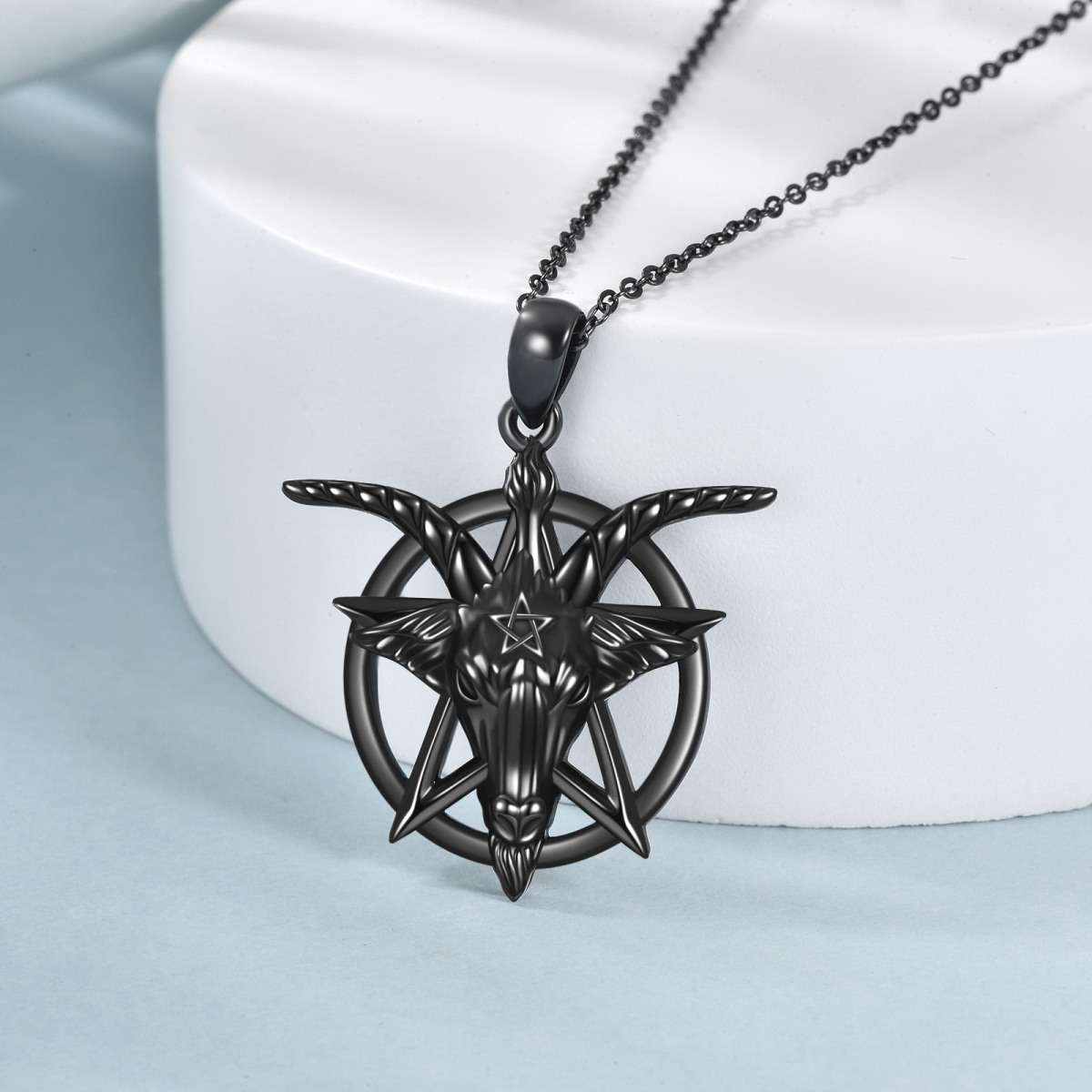 Sterling Silver with Black Rhodium Pentagram & Satanic Goat Pendant Necklace-4