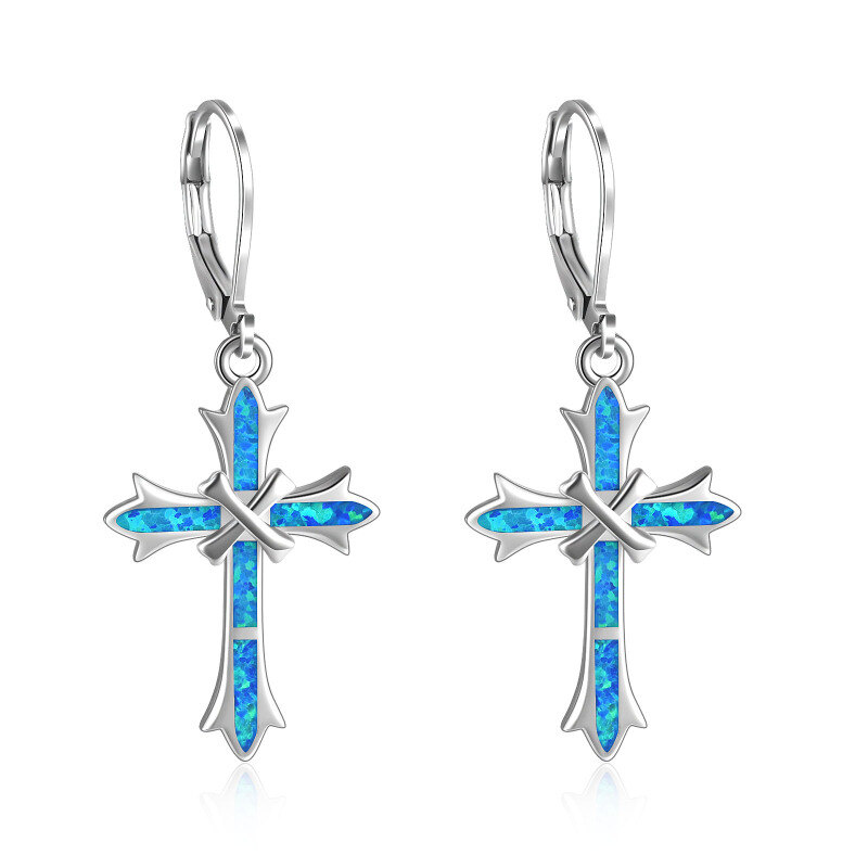 Sterling Silver Blue Opal Cross Lever-back Earrings for Women