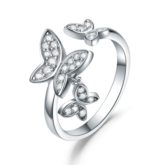 Anello a forma di farfalla con zircone circolare in argento sterling
