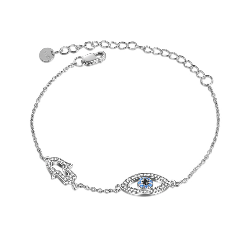Sterling Silver Circular Shaped Cubic Zirconia Evil Eye & Hamsa Hand Pendant Bracelet