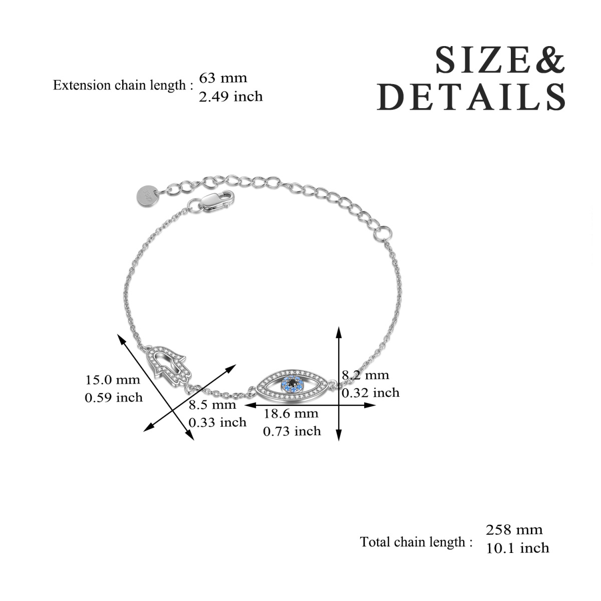 Sterling Silver Circular Shaped Cubic Zirconia Evil Eye & Hamsa Hand Pendant Bracelet-5