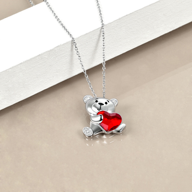 Sterling Silver Heart Shaped Crystal Bear & Heart Pendant Necklace-4