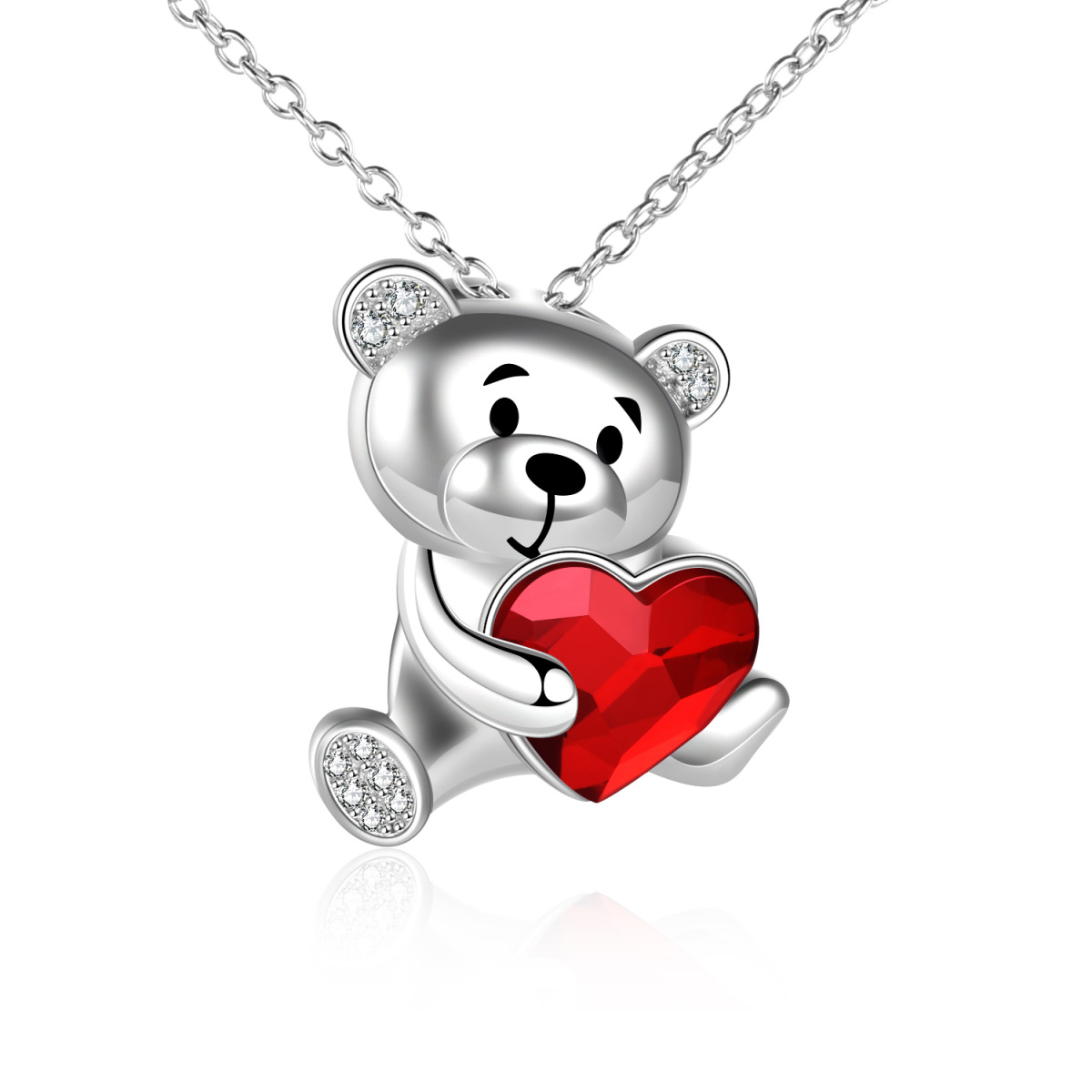 Sterling Silver Heart Shaped Crystal Bear & Heart Pendant Necklace-1