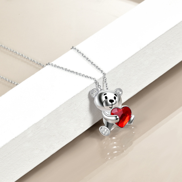 Sterling Silver Heart Shaped Crystal Bear & Heart Pendant Necklace-3