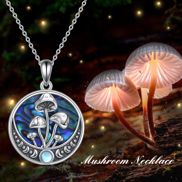 Sterling Silver Round Abalone Shellfish Mushroom & Moon Pendant Necklace-3