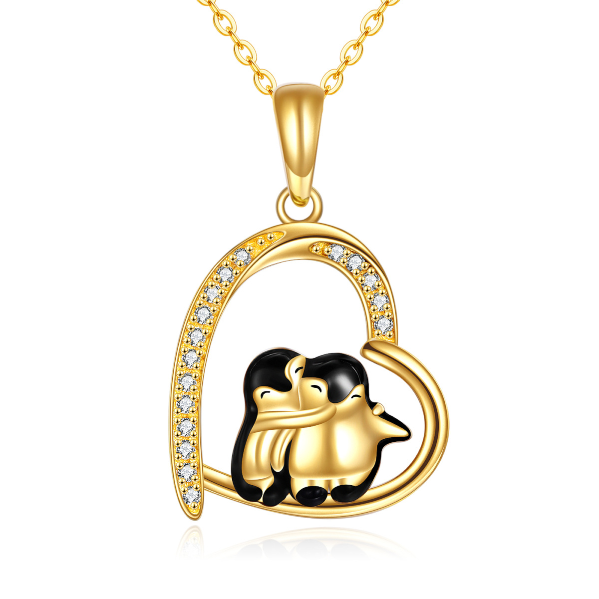 Collier en or 14K avec pendentif pingouin et coeur en zircon cubique-1