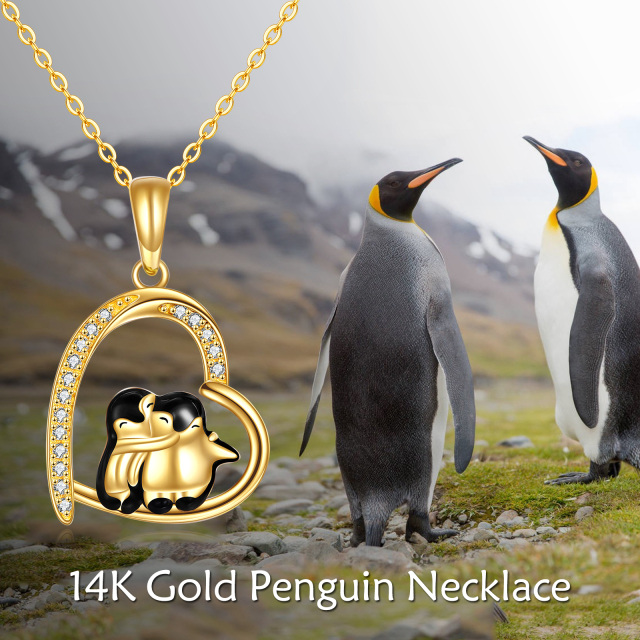 Colar com pingente de pinguim e coração em zircónio cúbico em ouro de 14K-4