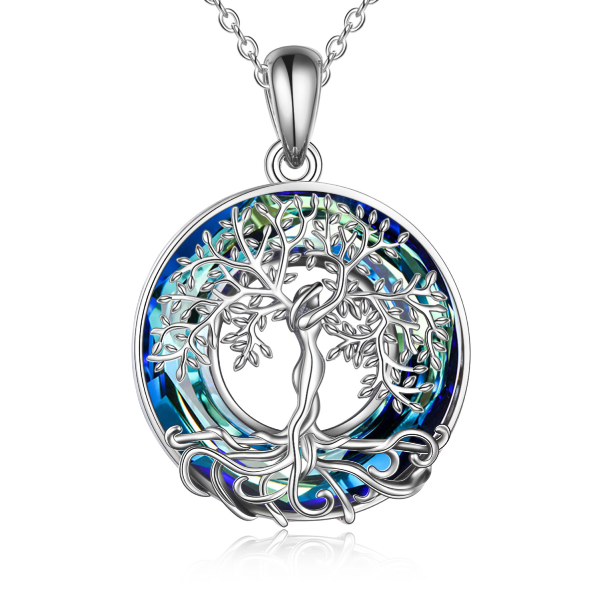 Sterling Silver Circular Shaped Tree Of Life Crystal Pendant Necklace-1