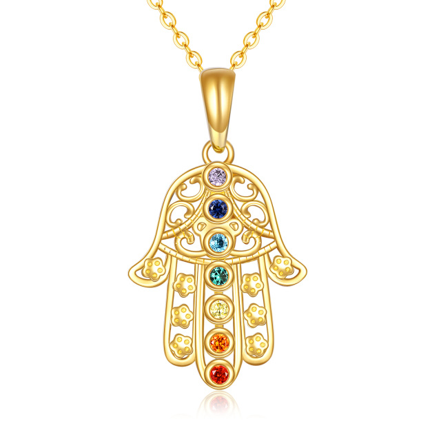 14K Gold Cubic Zirconia Hand Of Fatima Pendant Necklace-0