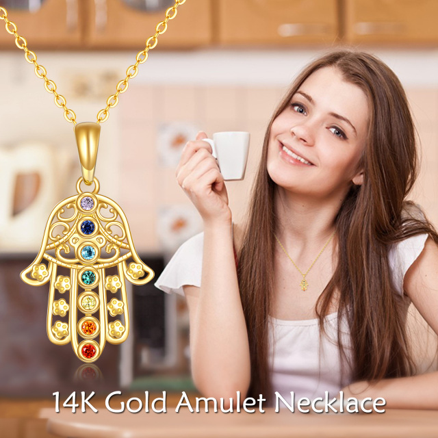 14K Gold Cubic Zirconia Hand Of Fatima Pendant Necklace-4