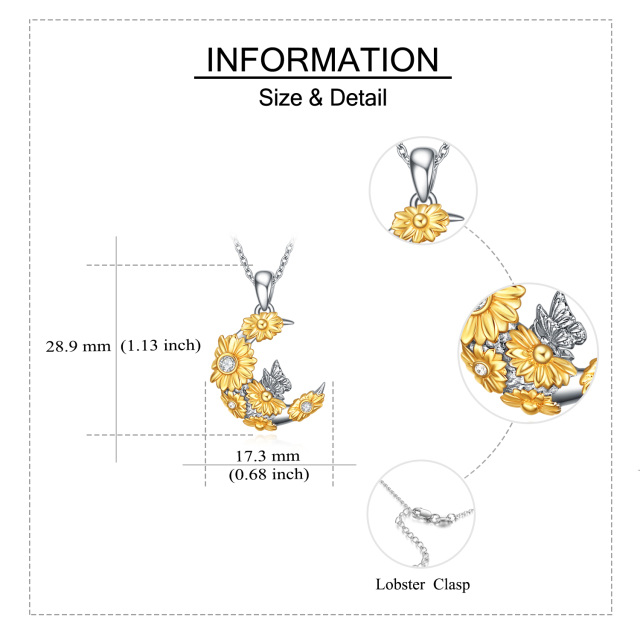 Sterling Silver Two-tone Circular Shaped Cubic Zirconia Butterfly & Sunflower & Moon Pendant Necklace-4