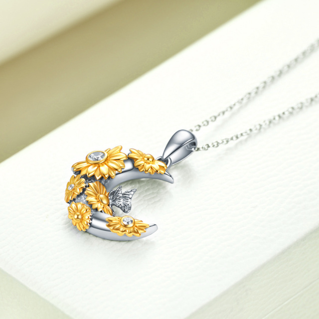 Sterling Silver Two-tone Circular Shaped Cubic Zirconia Butterfly & Sunflower & Moon Pendant Necklace-3