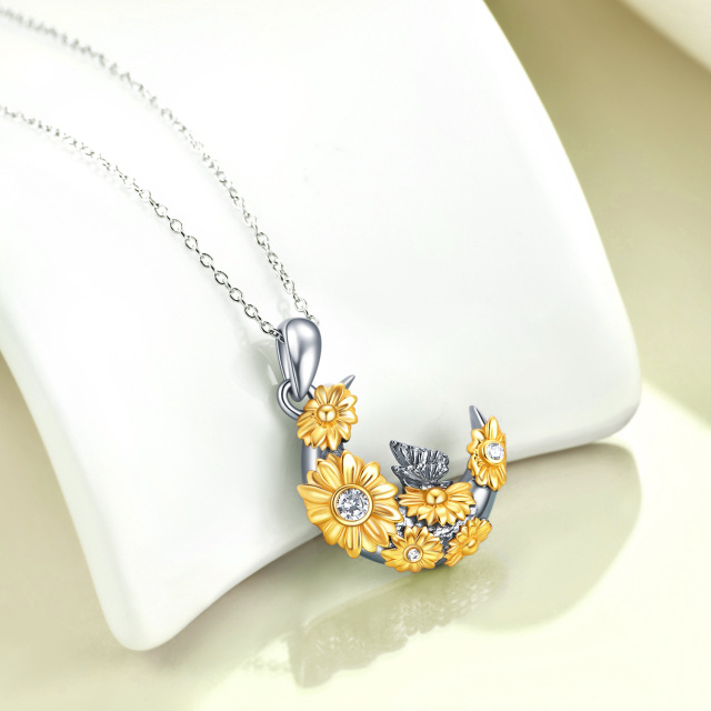 Sterling Silver Two-tone Circular Shaped Cubic Zirconia Butterfly & Sunflower & Moon Pendant Necklace-2