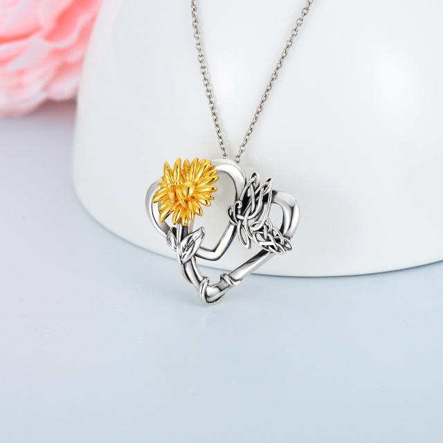 Sterling Silver Two-tone Butterfly & Sunflower & Heart Pendant Necklace-2