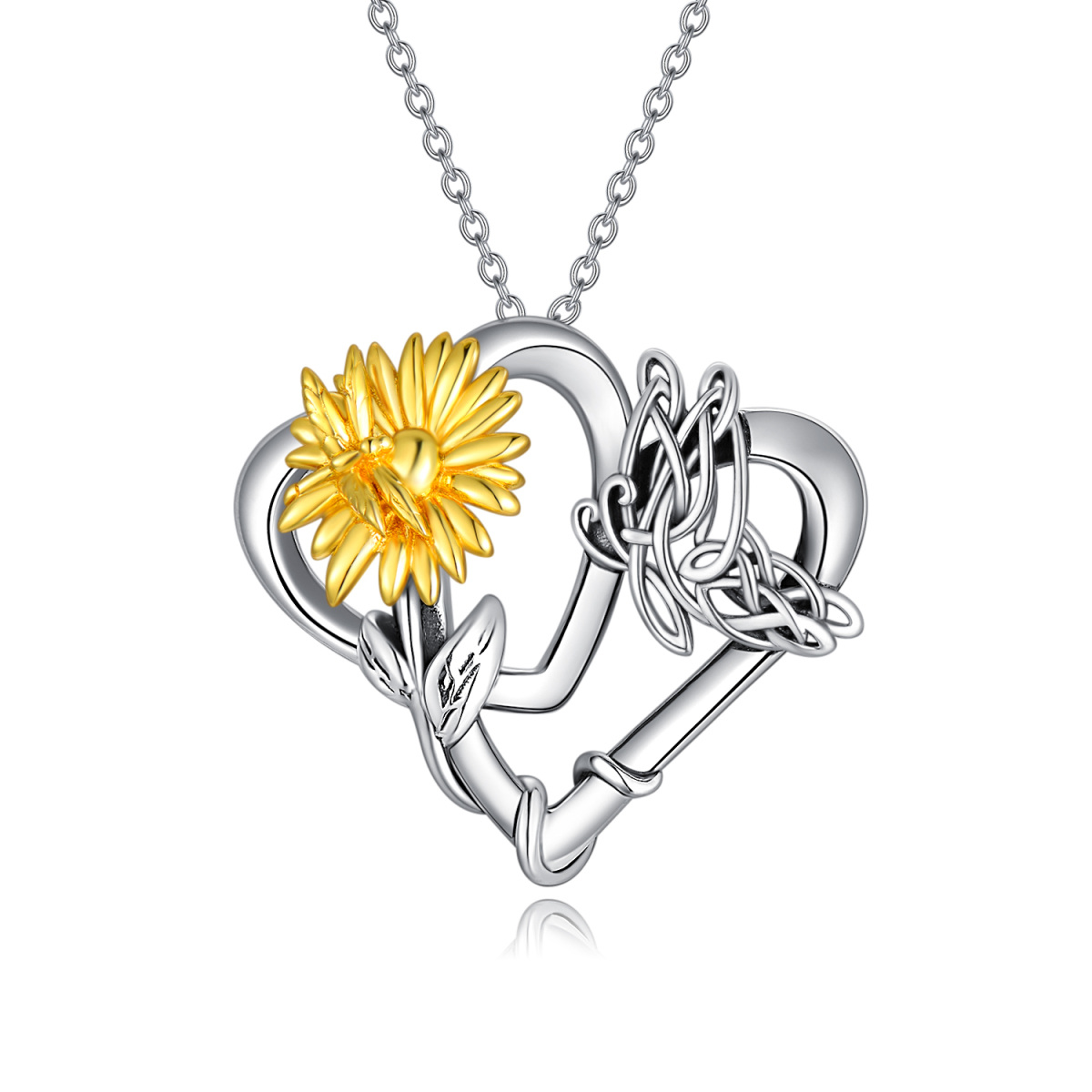Sterling Silver Two-tone Butterfly & Sunflower & Heart Pendant Necklace-1