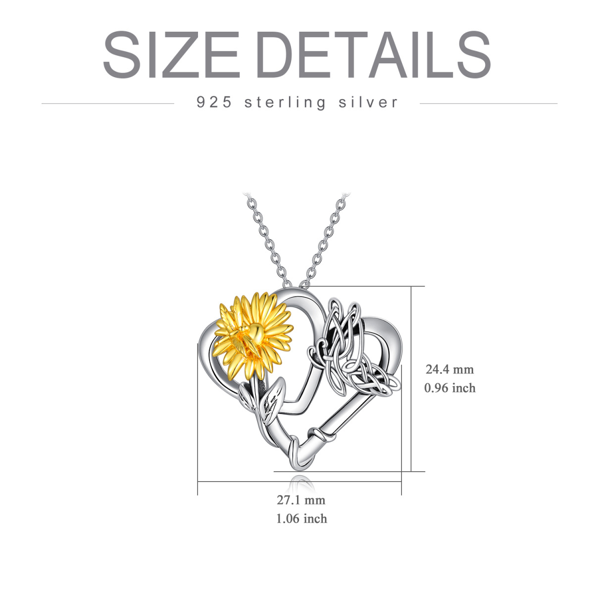 Sterling Silver Two-tone Butterfly & Sunflower & Heart Pendant Necklace-5