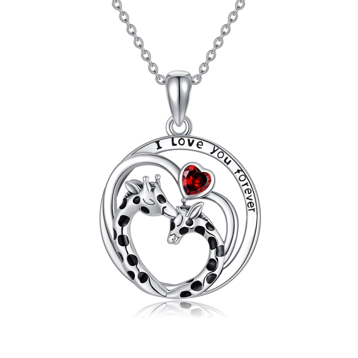 Sterling Silver Heart Shaped Cubic Zirconia Giraffe & Heart Pendant Necklace with Engraved Word-1