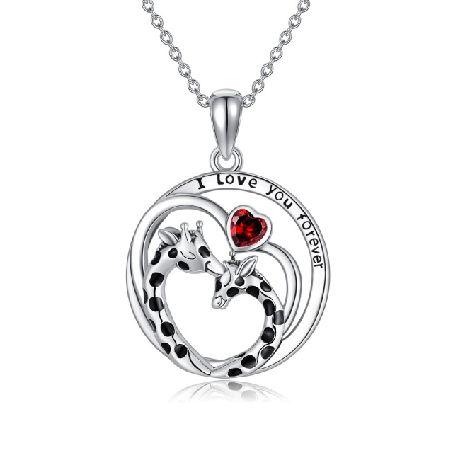 Sterling Silver Heart Shaped Cubic Zirconia Giraffe & Heart Pendant Necklace with Engraved Word-0