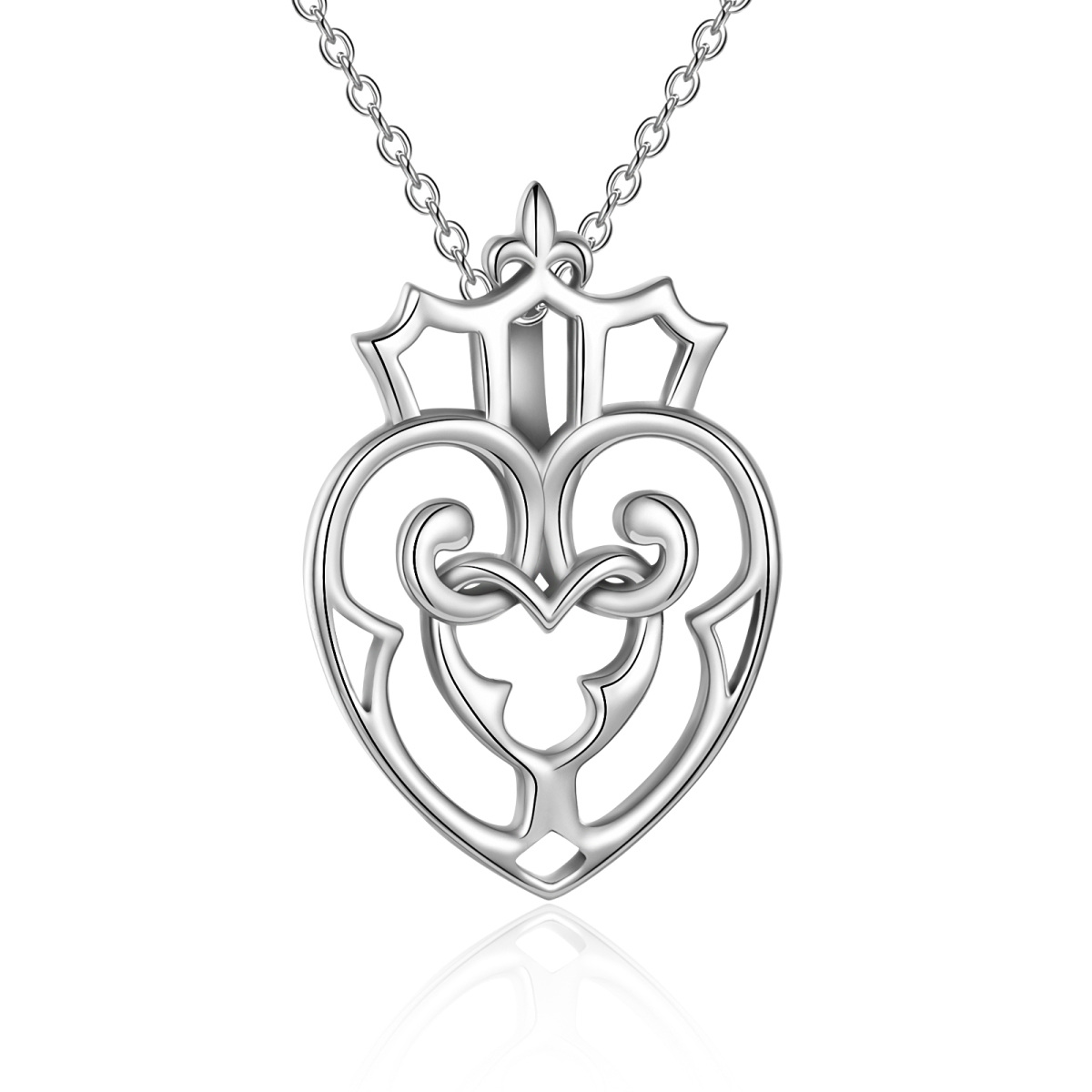 Sterling Silver Crown & Heart With Heart Pendant Necklace-1