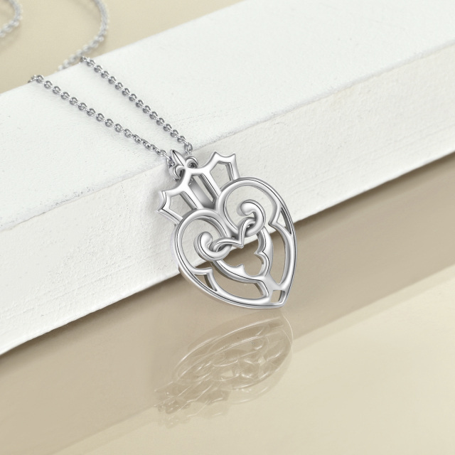 Sterling Silver Crown & Heart With Heart Pendant Necklace-3