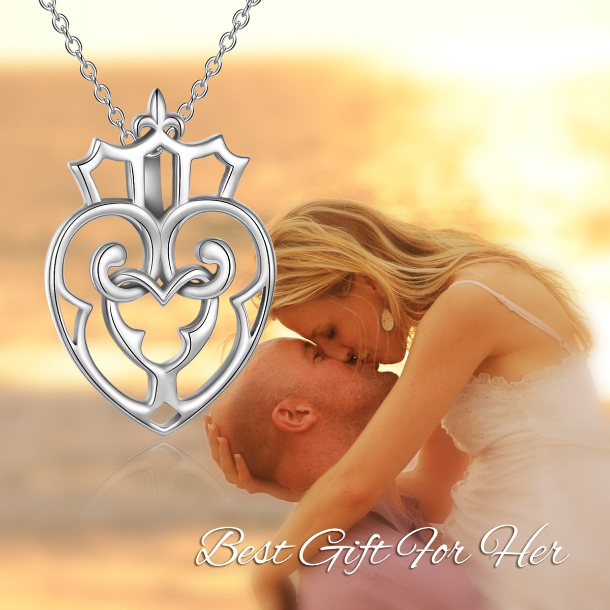 Sterling Silver Crown & Heart With Heart Pendant Necklace-6