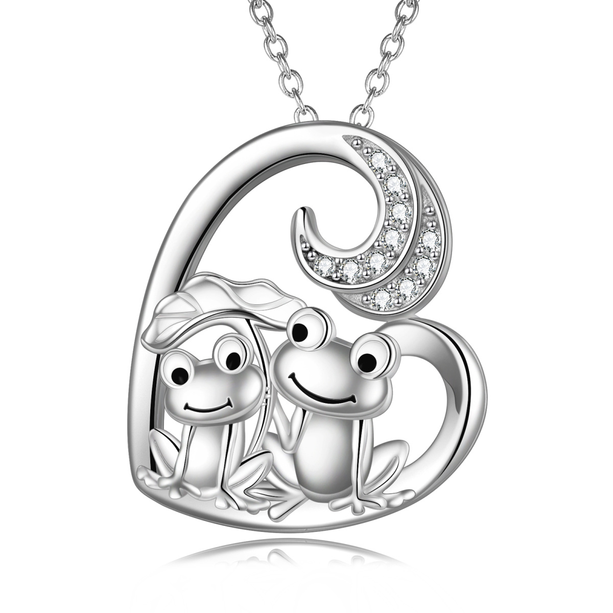 Sterling Silber Cubic Zirkonia Paar Frosch & Lotus Blatt Herz Anhänger Halskette-1