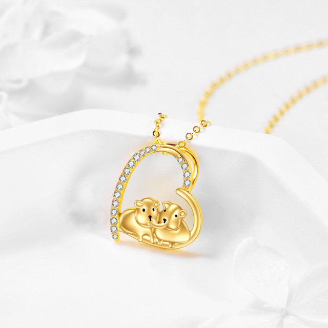 14K Gold Cubic Zirconia Guinea Pig & Heart Pendant Necklace-2