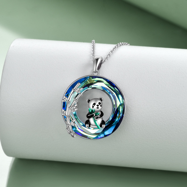 Sterling Silver Circular Shaped Panda & Bamboo Crystal Pendant Necklace-3