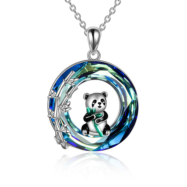 Sterling Silver Circular Shaped Panda & Bamboo Crystal Pendant Necklace-1