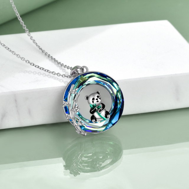 Sterling Silver Circular Shaped Panda & Bamboo Crystal Pendant Necklace-4