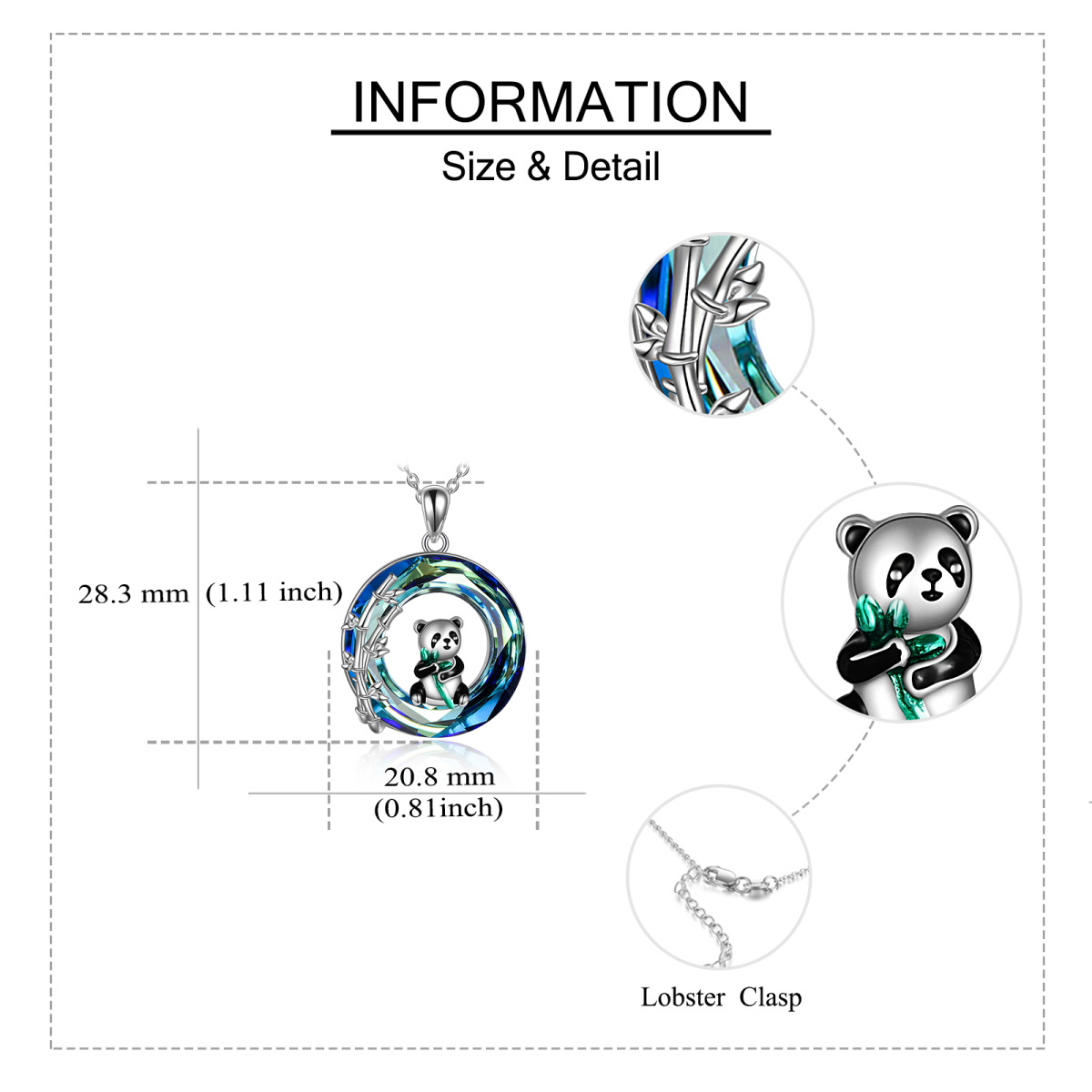 Sterling Silber kreisförmiger Panda & Bambus Kristall Anhänger Halskette-5