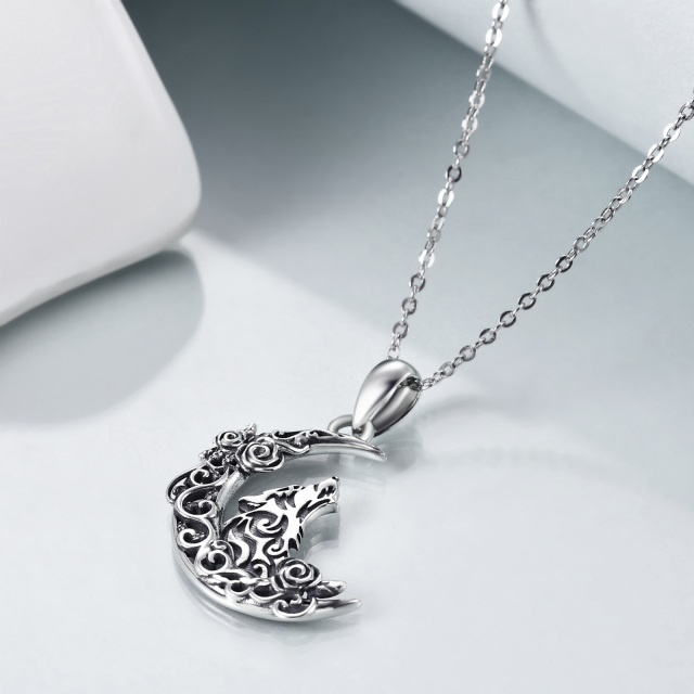 Sterling Silver Rose Wolf & Moon Pendant Necklace-3
