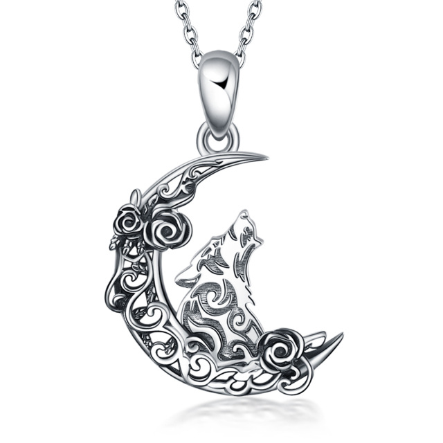 Sterling Silver Rose Wolf & Moon Pendant Necklace-1