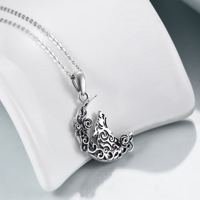 Sterling Silver Rose Wolf & Moon Pendant Necklace-4