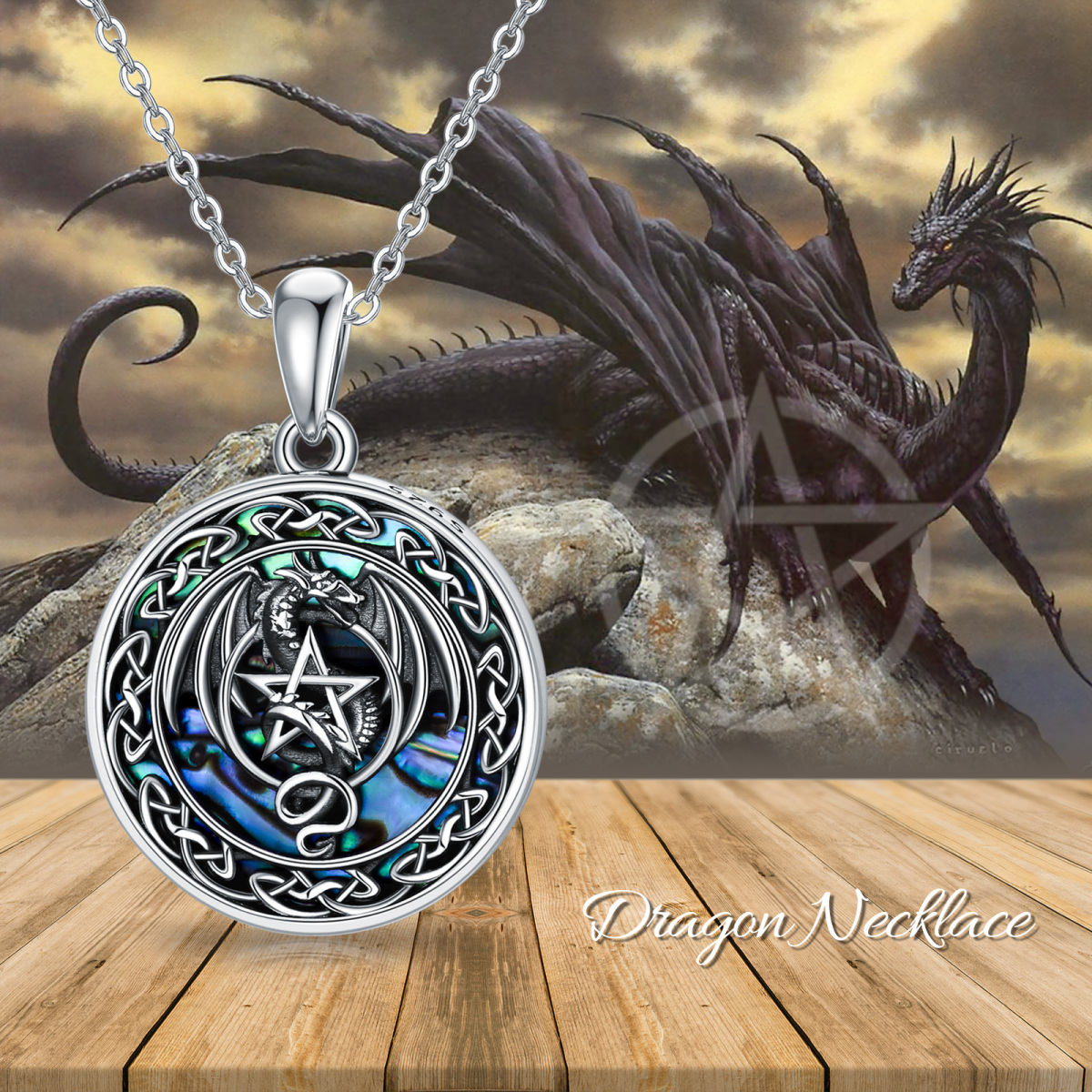 Collar de plata de ley conchas de abulón dragón y nudo celta y pentagrama colgante-6