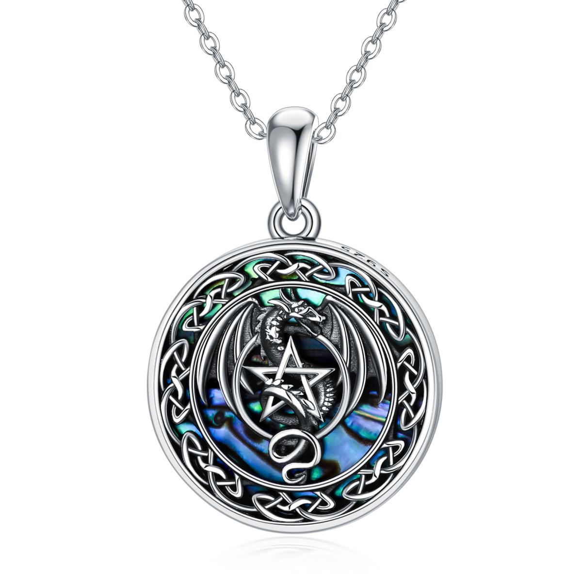 Sterling Silver Abalone Shellfish Dragon & Celtic Knot & Pentagram Pendant Necklace-1