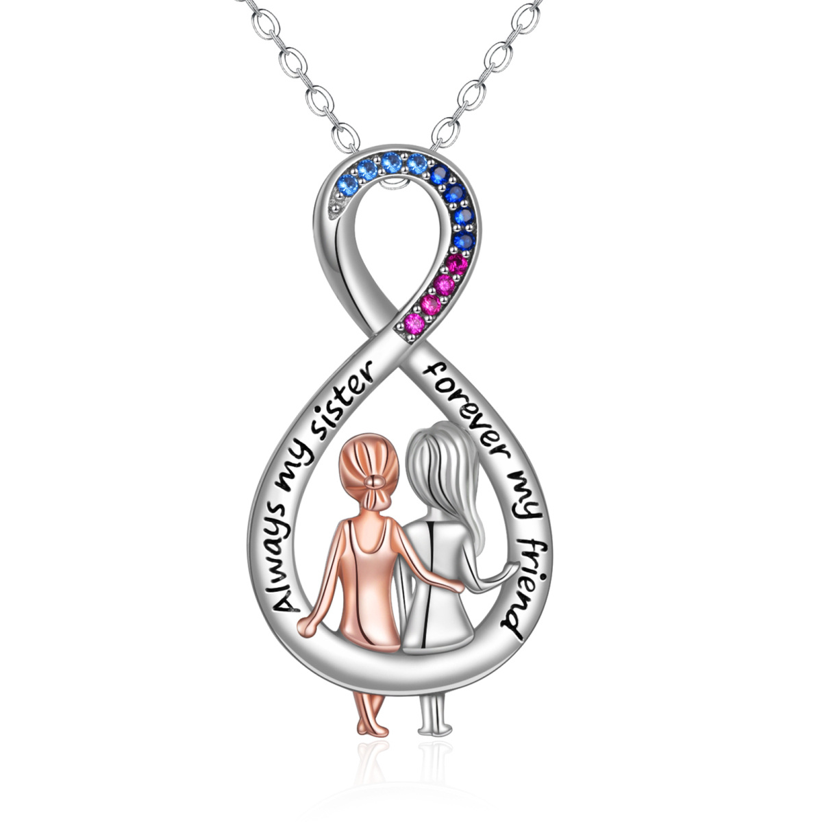 Sterling Silver Two-tone Circular Shaped Cubic Zirconia Sisters & Infinity Symbol Pendant Necklace with Engraved Word-1