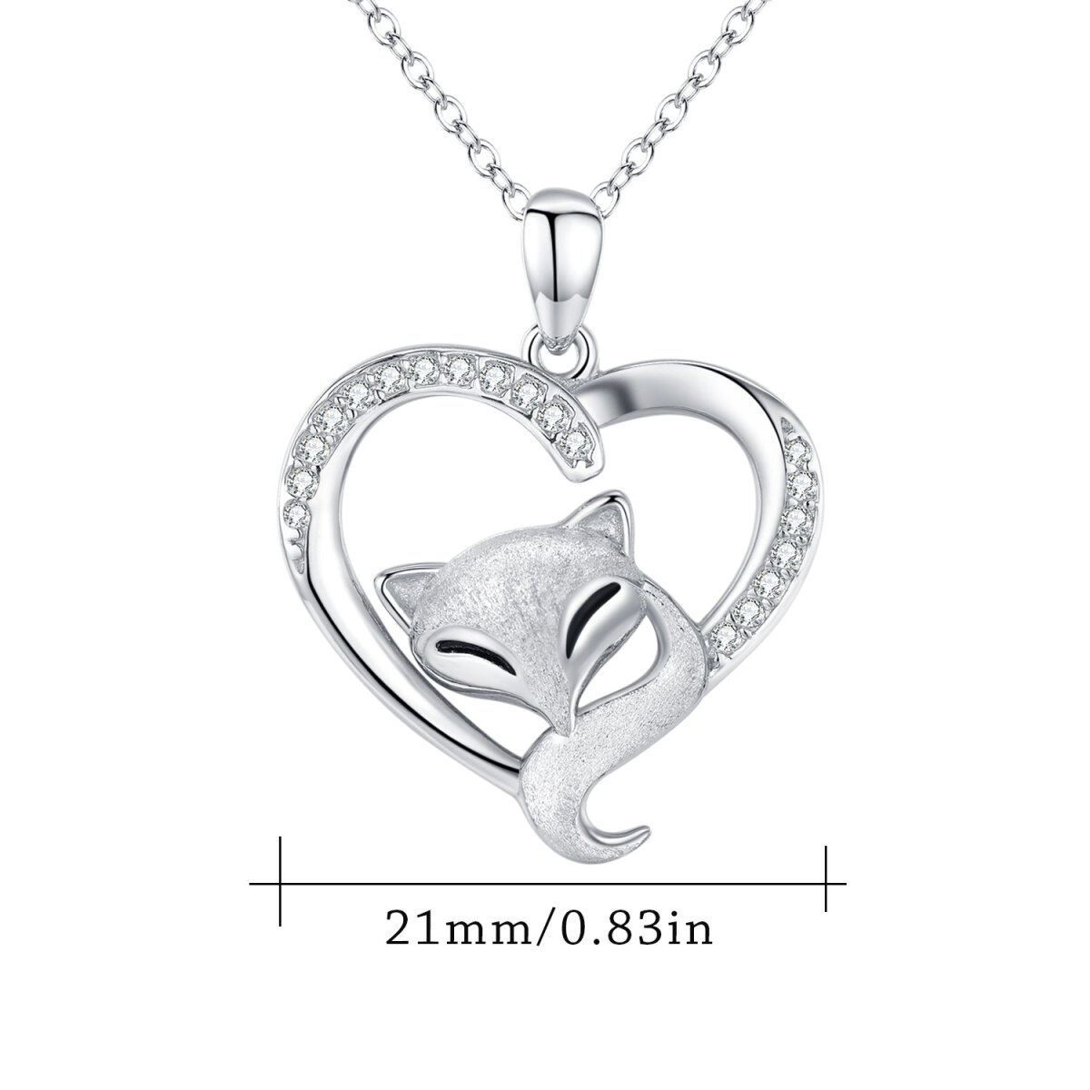 Sterling Silver Circular Shaped Cubic Zirconia Fox & Heart Pendant Necklace-4