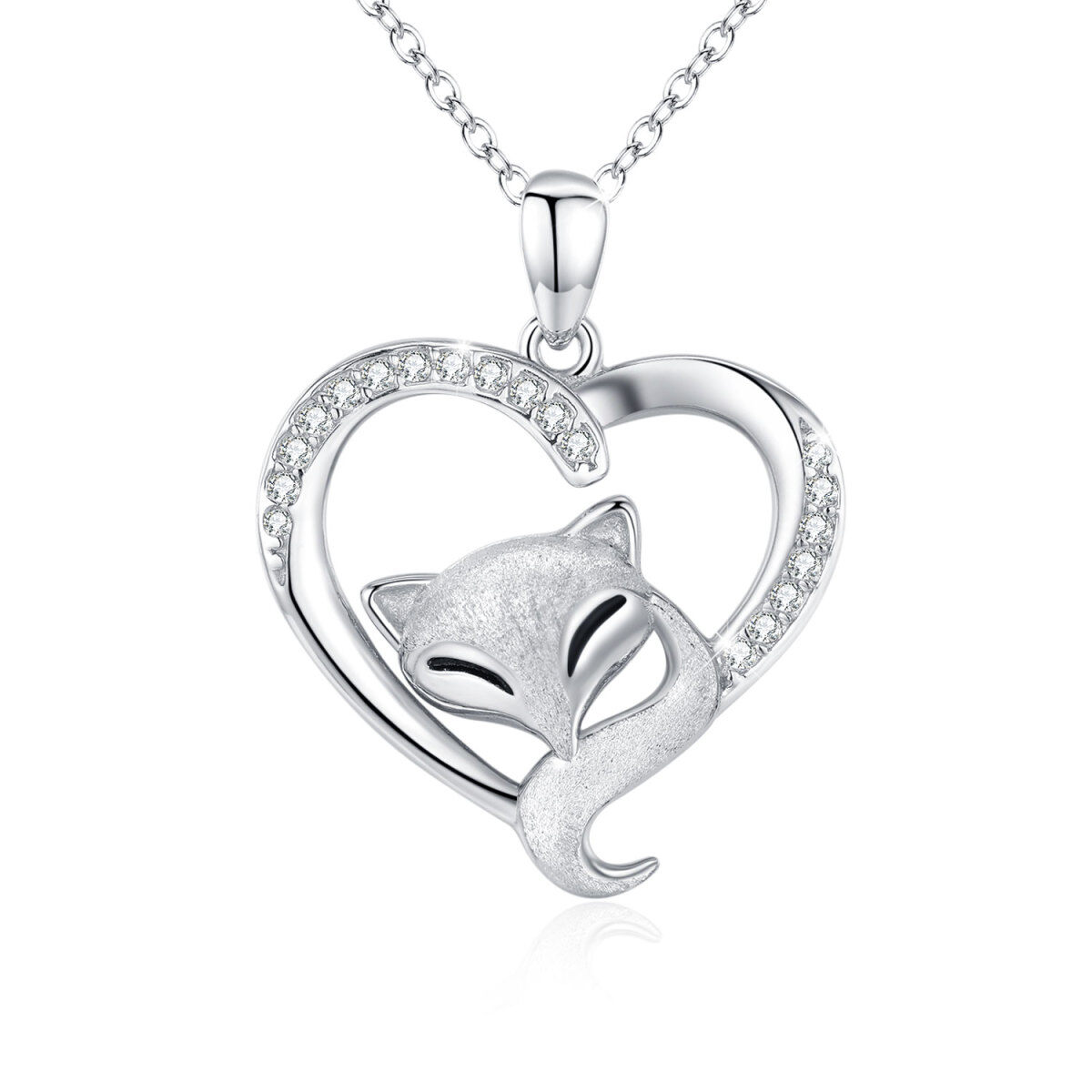 Sterling Silver Circular Shaped Cubic Zirconia Fox & Heart Pendant Necklace-1